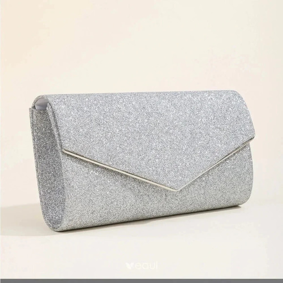 VINTAGE SILVER GLITTER SPARKLE ENVELOPE CLUTCH EVENING BAG - Picture 6 of 6